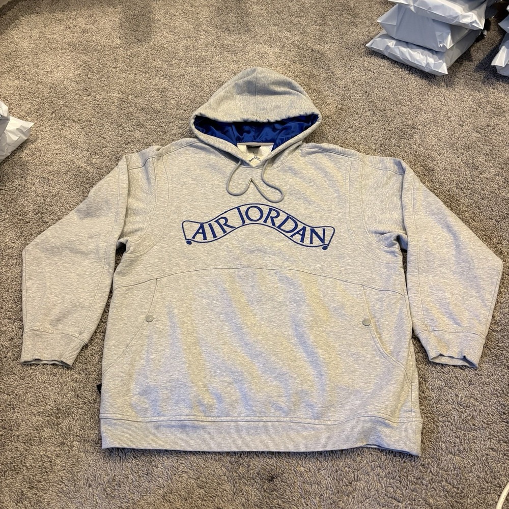 Nike Air Jordan Hoodie Men's L Gray Blue Satin Lined Spell Out Logo Oversized